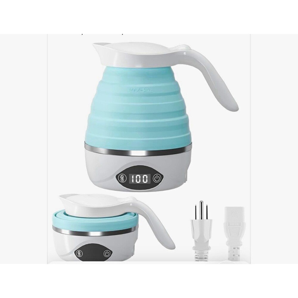 Collapsible Electric Travel Kettle Digital Temperature Control Dual Voltage Blue
